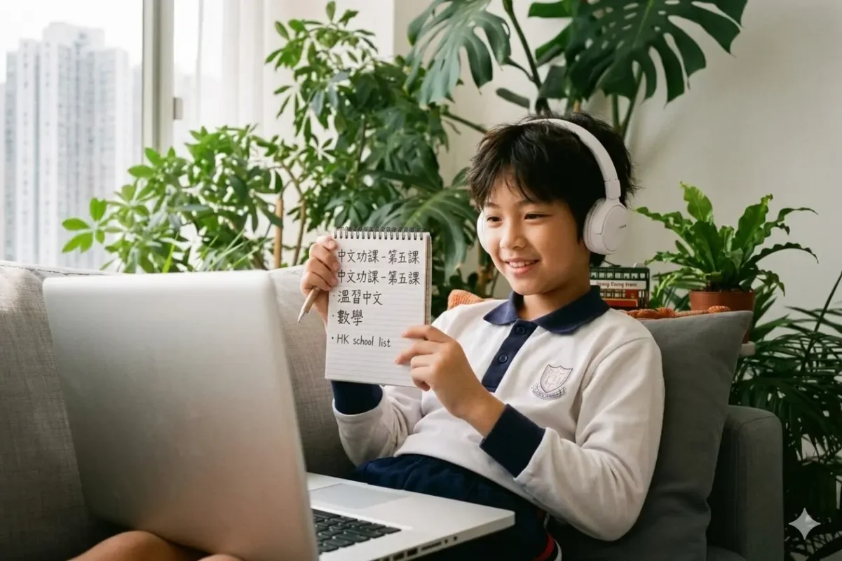 Happy student with headphones holding notebook during online tutoring session on laptop at home