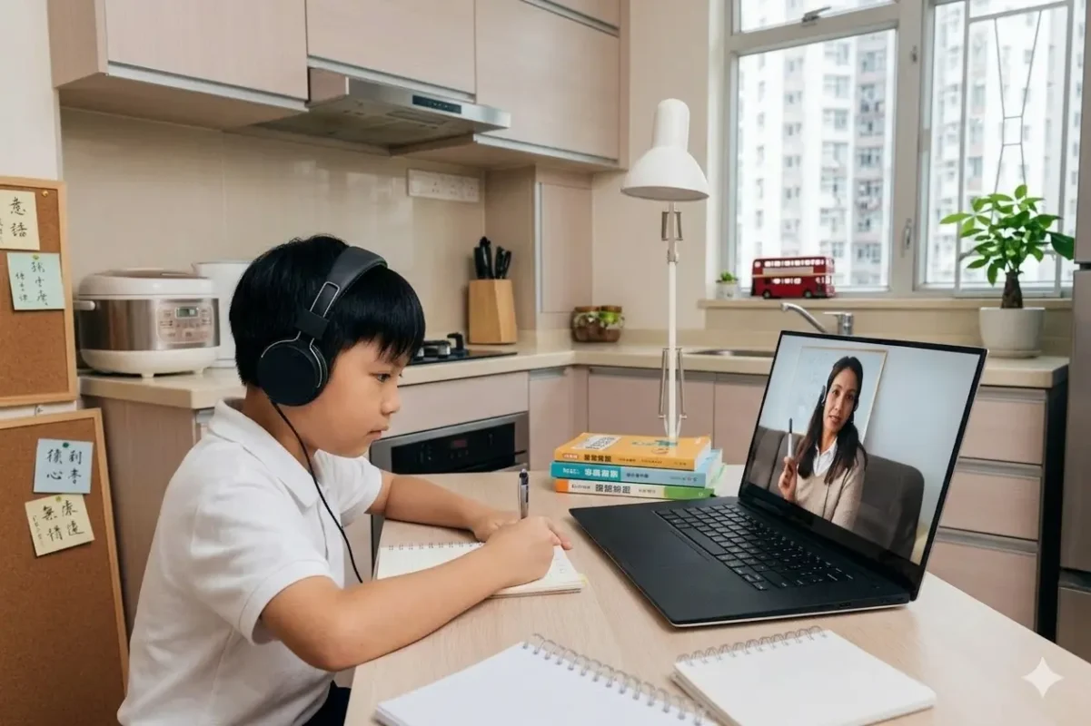 Young boy wearing headphones attending online class with female teacher on laptop screen at home kitchen table