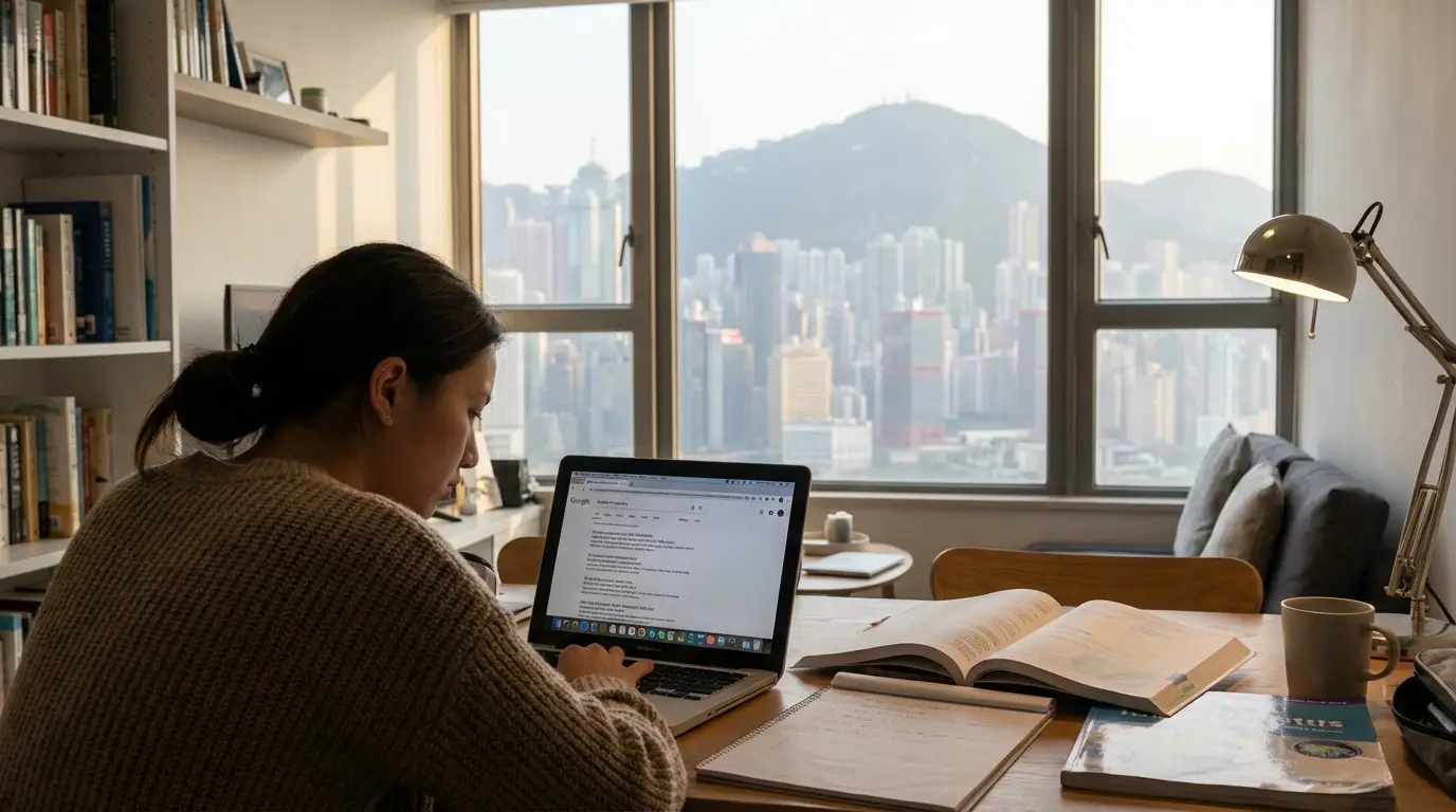 A young student with laptop and books on the table studying