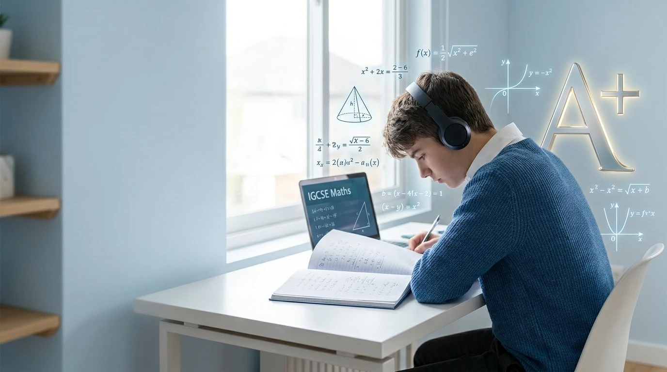 Student with headphones solving IGCSE Maths problems near a glowing A+ sign.
