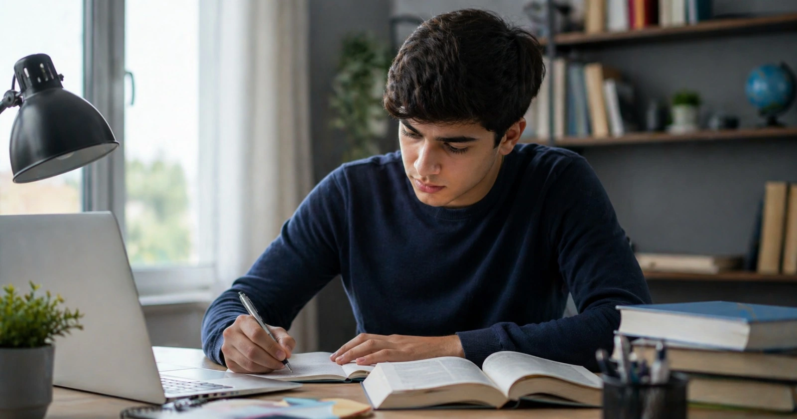A young male student studying on a study table