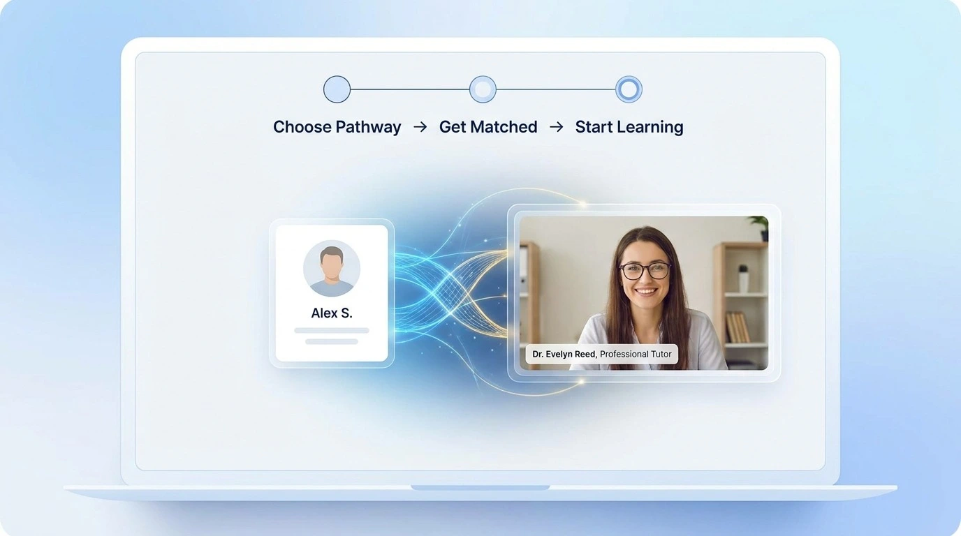 A laptop screen showing a student and teacher match