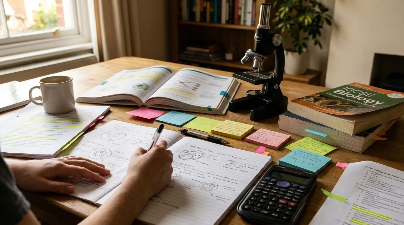 Biology revision desk with notes, textbooks, microscope, and student writing study notes