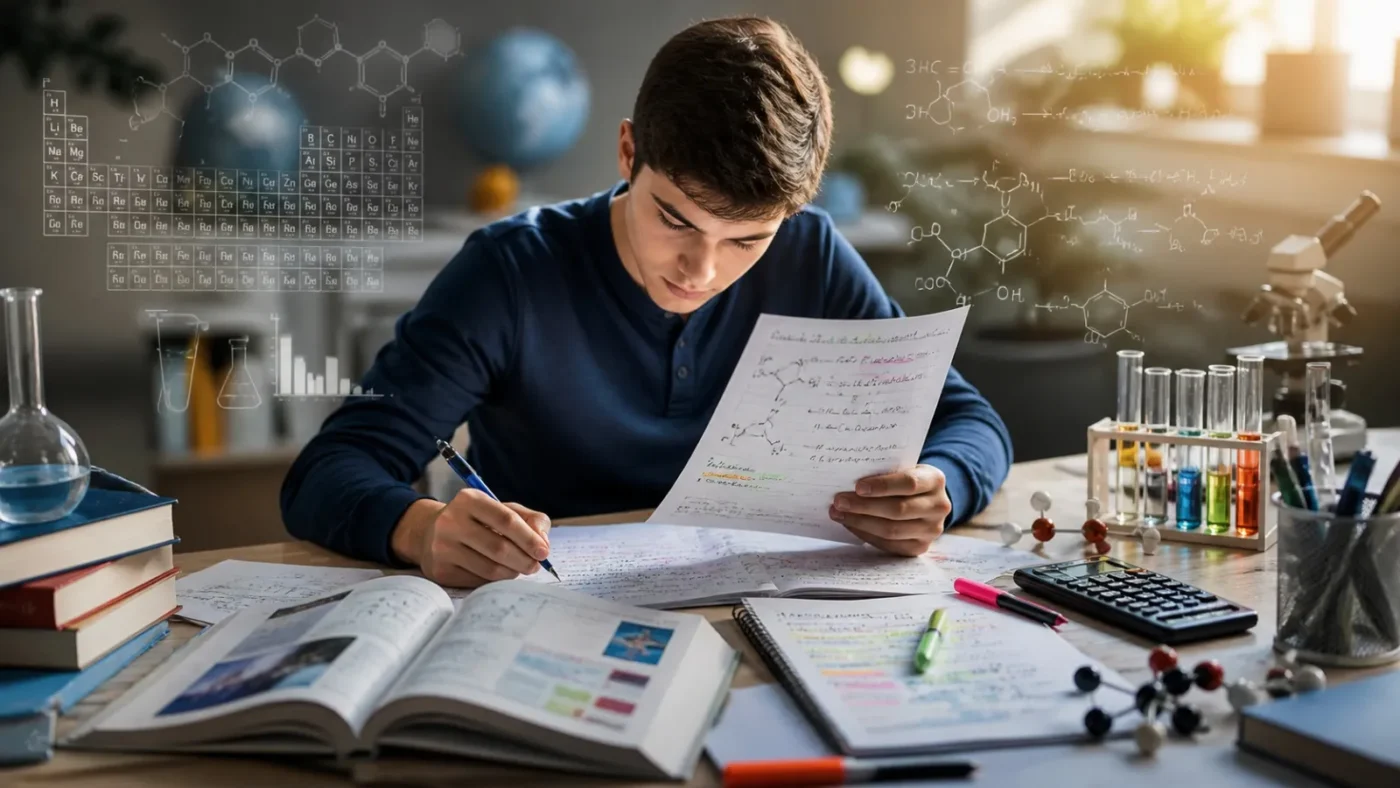 Student studying chemistry with notes, formulas, and lab materials