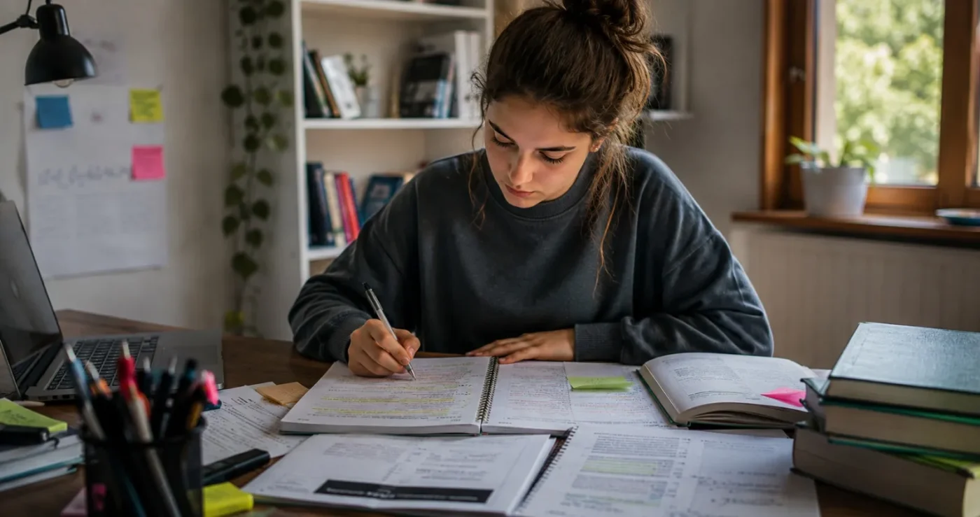 Student studying English notes and essays for IGCSE exam improvement