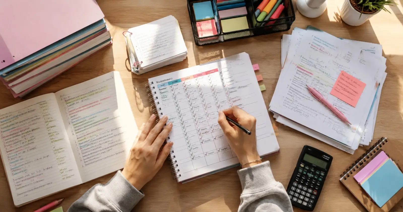 GCSE revision timetable, notes, and study planner on organized desk