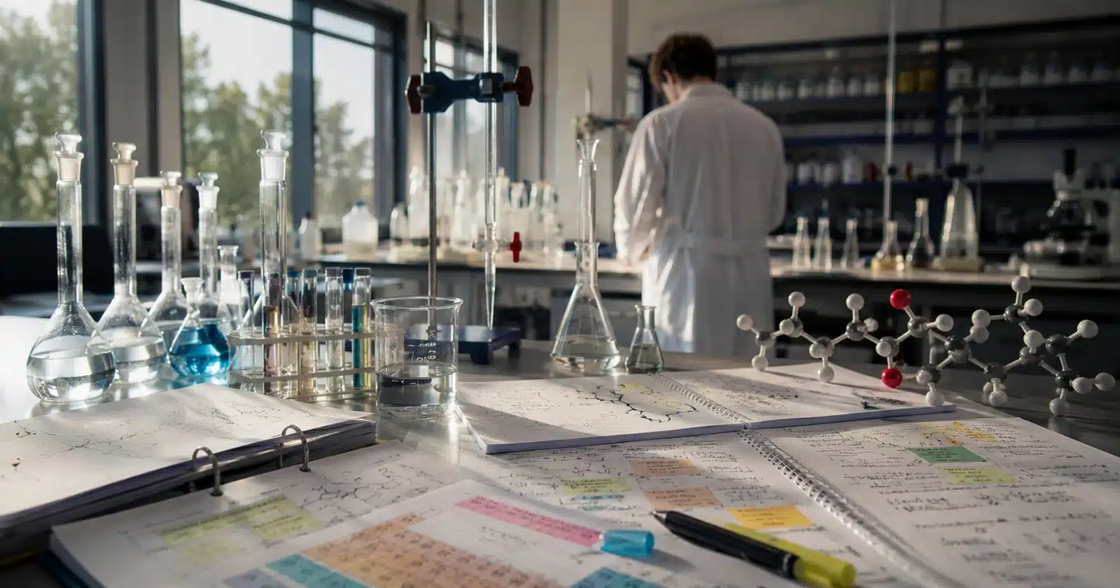 A Level Chemistry student revising with laboratory equipment, reaction notes, and practical experiment materials