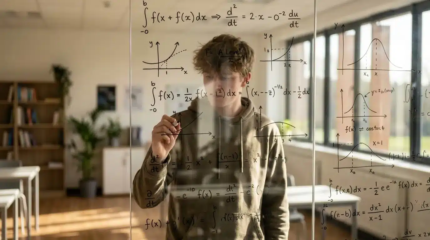 Student solving A Level Maths equations on a glass board in a modern classroom