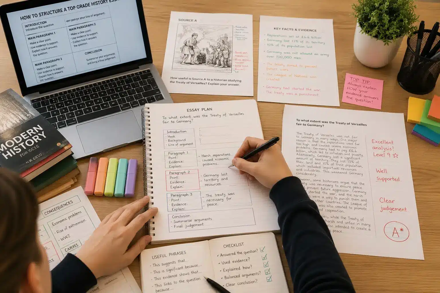 Student planning and writing a GCSE History essay with revision notes