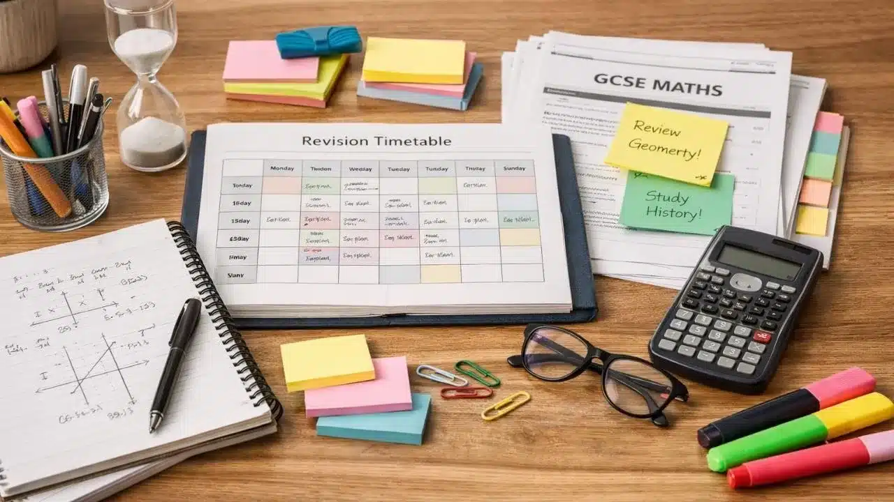GCSE Maths revision notes, calculator, and worked solutions on study desk