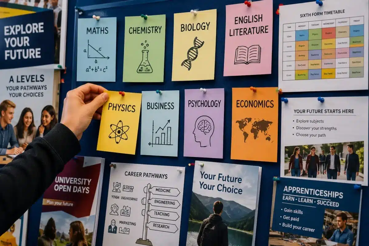 Student choosing an A Level subject from a school noticeboard showing different subjects and future education pathways