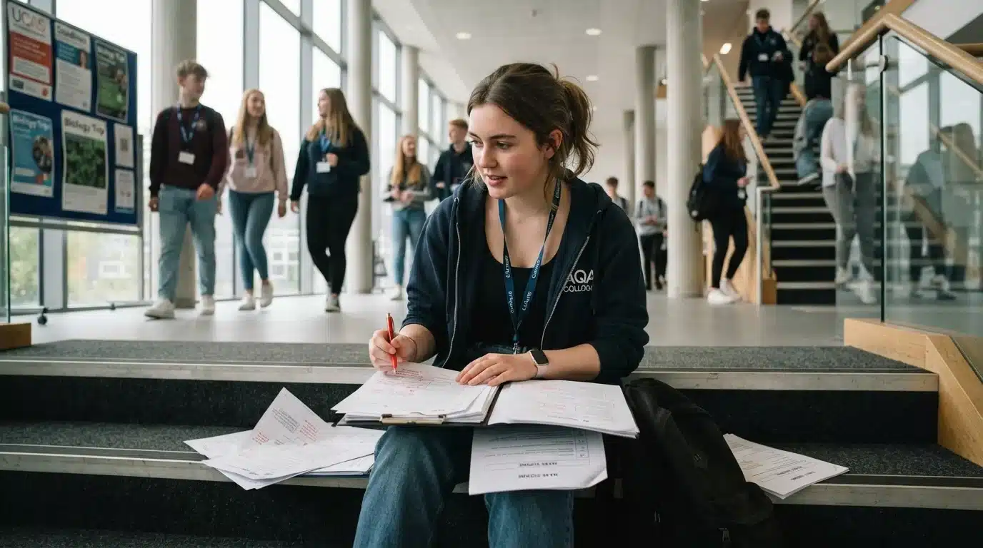 Student revising A Level past papers on campus stairs