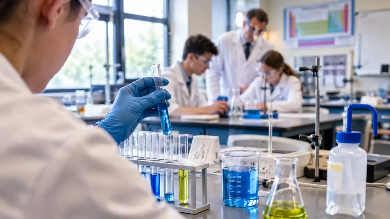 GCSE Chemistry student conducting a practical experiment in a school laboratory with test tubes, chemical solutions and laboratory equipment.