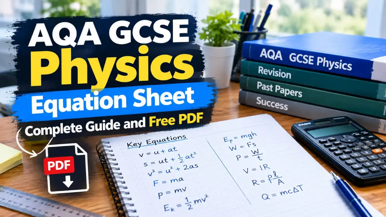 AQA GCSE Physics equation sheet with key formulas, revision notes, scientific calculator, and free PDF guide for GCSE Physics exam preparation.