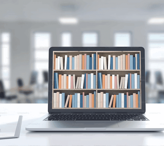 A book shelf photo on laptop screen